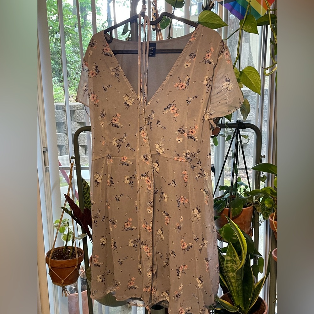 Dusky purple floral wrap dress. Fairy vibe with a sheer outer layer of fabric.